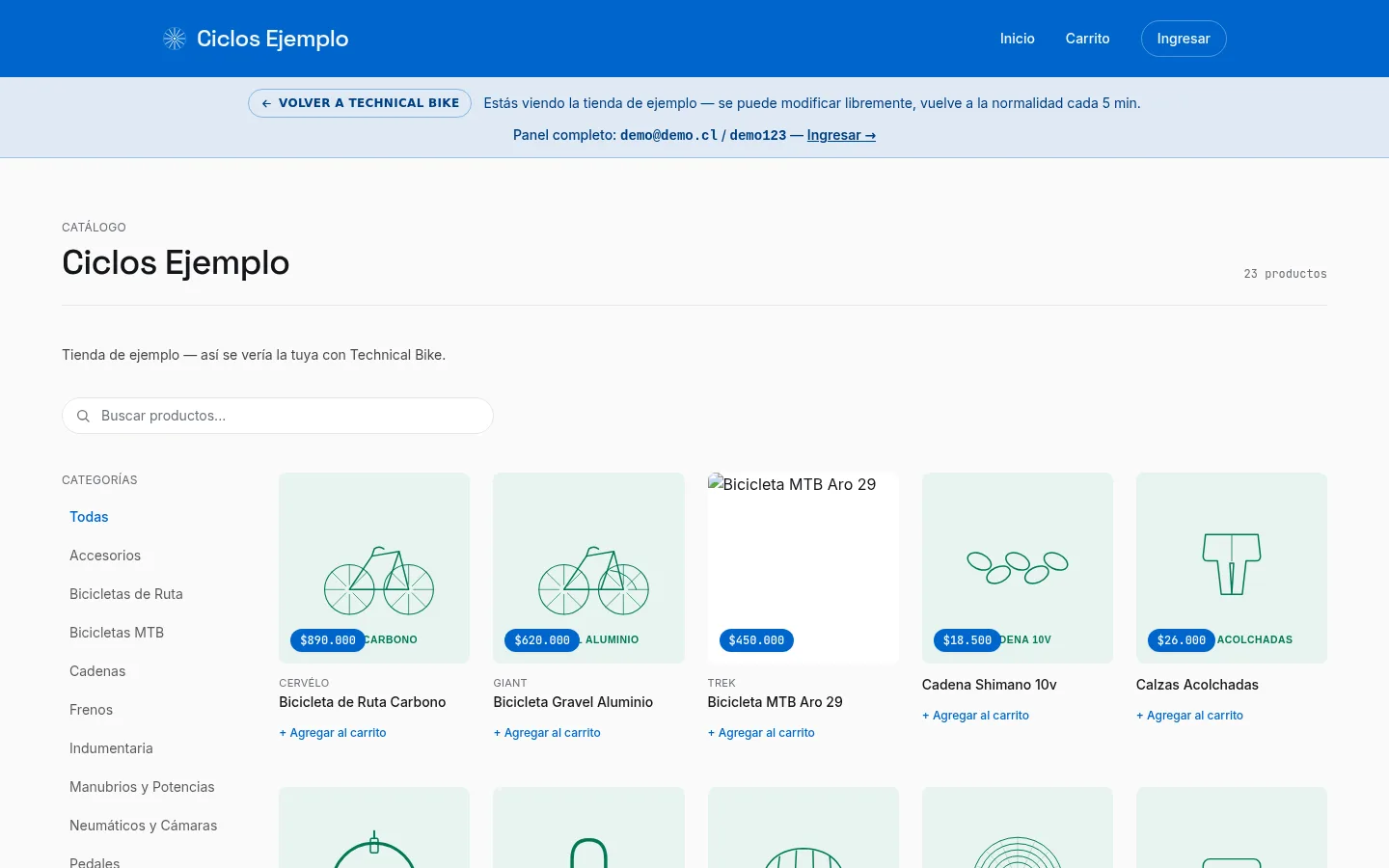 Tienda de ejemplo de Technical Bike, con catálogo de bicicletas y repuestos