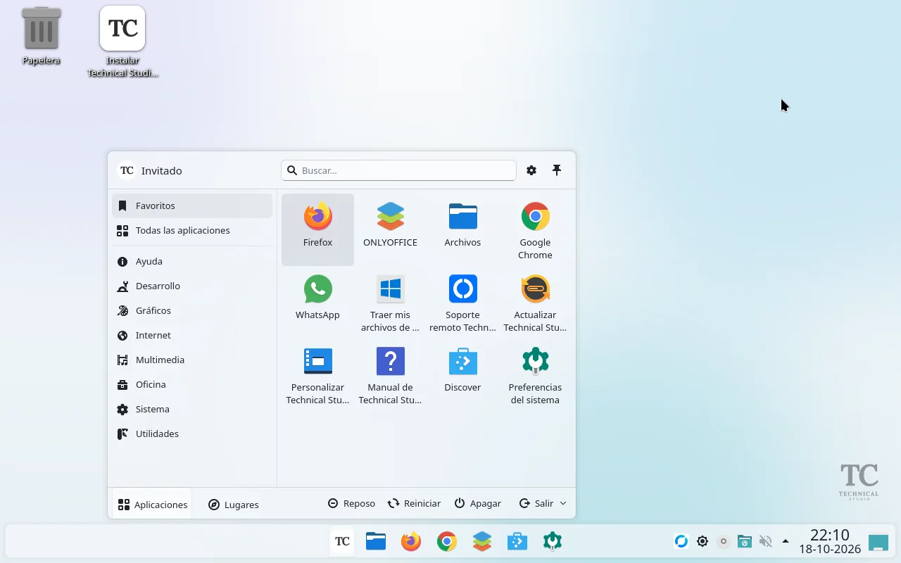 Escritorio de Technical Studio OS: fondo claro, barra de tareas centrada con el botón de inicio TC