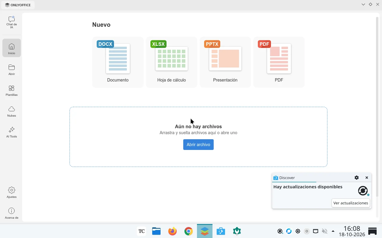 ONLYOFFICE en Technical Studio OS, con el aviso de actualizaciones disponibles