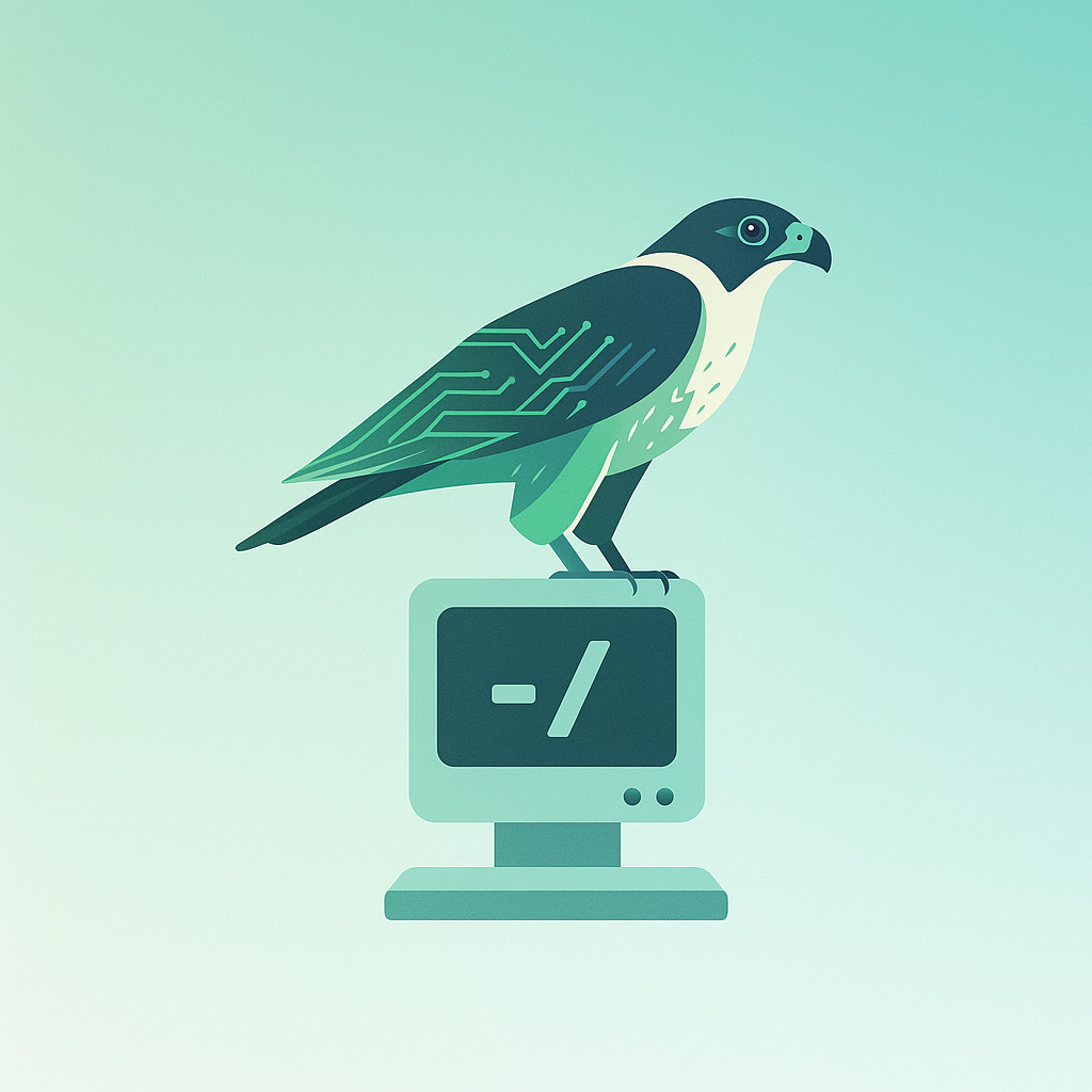 Logo de desarrollador con halcón y terminal